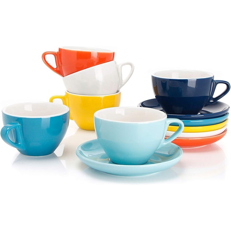 Sweese 6 Ounce Cappuccino Cups with Saucers, Porcelain Double Espresso Cups Set of 6  Hot Assorted Colors