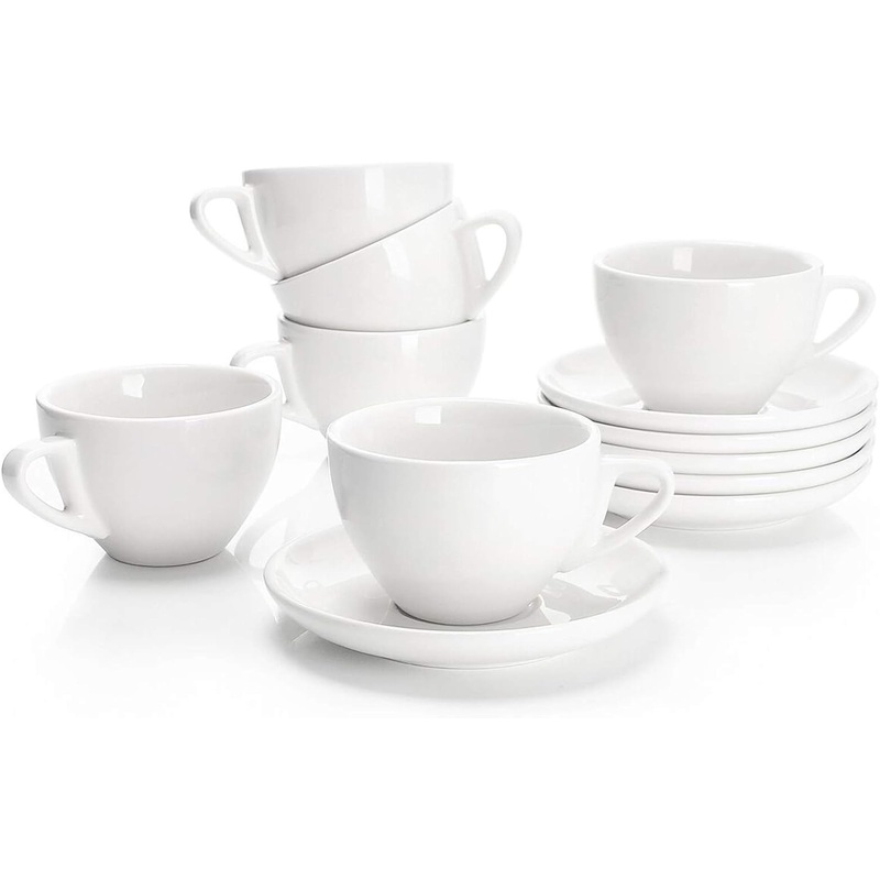 Sweese 6 Ounce Cappuccino Cups with Saucers, Porcelain Double Espresso Cups Set of 6  White