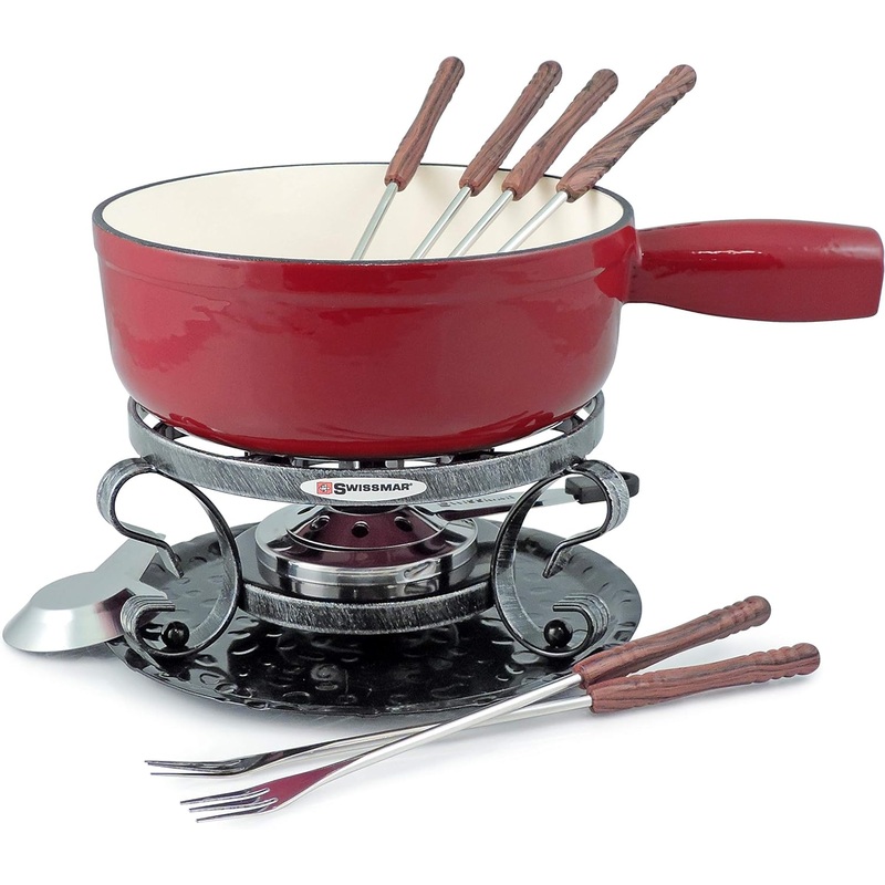 Swissmar KF-66517 Lugano 2-Quart Cast Iron Cheese Fondue Set, 9-Piece, Cherry Red