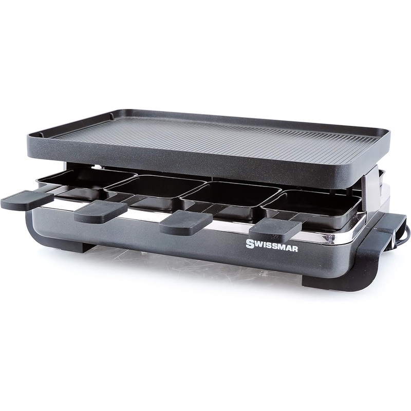 Swissmar KF-77041 Classic 8-Person Raclette Party Grill with Reversible Cast Aluminum Non-Stick Grill Plate/Crepe Top, Black