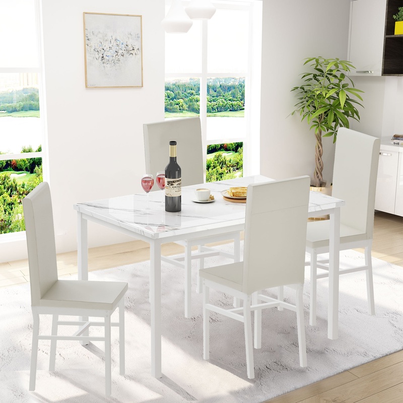 Syngar 5 Piece Dining Set, Modern Dining Table and Chairs Set for 4, Kitchen Dining Table Set with Faux Marble Tabletop and 4 PU Leather Upholstered Chairs, for Small Space, Breakfast Nook, D8835
