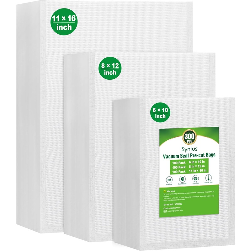 Syntus Vacuum Sealer Bags, 300 Gallon 11 x 16 and Quart 8 x 12 and Pint 6 x 10 Commercial Grade PreCut Bag, BPA Free Food Vac Bags for Storage, Meal Prep or Sous Vide