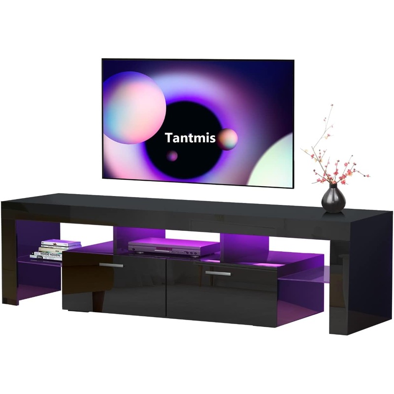 Tantmis Black LED TV Stand for 55/65/70/75 inch TV, TV Media Center, Modern Entertainment Center with Large Storage for Living Room, Bedroom, Gaming TV Stand, 63W*14D*18H