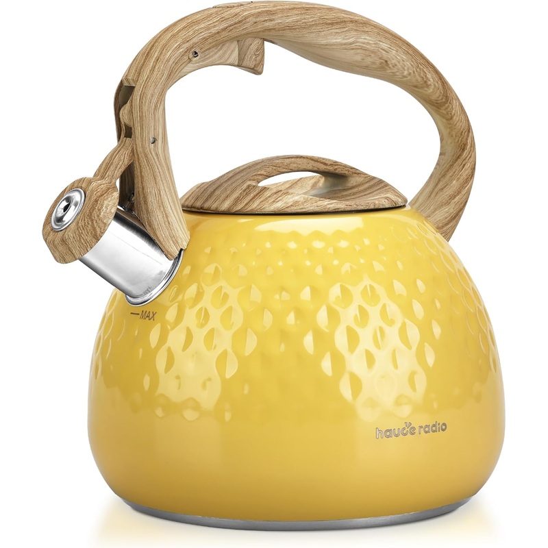 Tea Kettle, Stovetop Teapot, 2.5 Quart, Loud Whistle, Food Grade Stainless Steel and Smooth Wood Pattern Handle, Sophisticated Look for Hiking, Picnic, for Tea, Coffee, (Yellow)