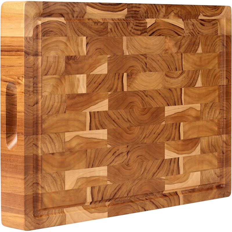 Teak Wooden Cutting Board (17x13x1.5in) End Grain Cutting Board, Butcher Block, Chopping Board  Reversible Multipurpose For Kitchen with Juice Groove & Inner Handles with Gift Box Included