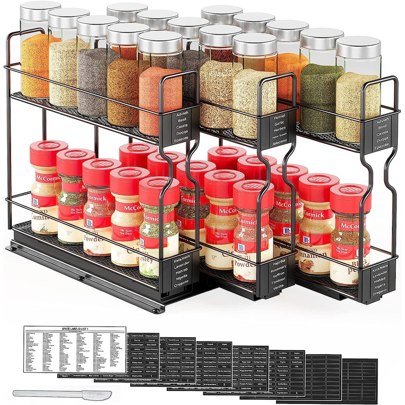 SpaceAid Pull Out Spice Rack Organizer for Cabinet, Heavy Duty Slide Out Seasoning Kitchen Organizer, Cabinet Organizer, with Labels and Chalk Marker, 7.7 W x10.75 D x10 H, 3 Drawers 2-Tier
