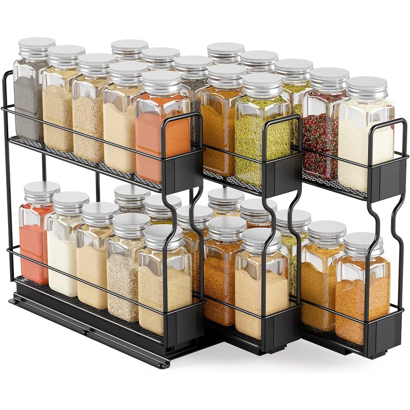 SpaceAid Pull Out Spice Rack Organizer with 30 Jars for Cabinet, Slide Out Seasoning Kitchen Organizer, Cabinet Organizer, with Labels, 7.7 W x10.75 D x10 H, 3 Drawers 2-Tier