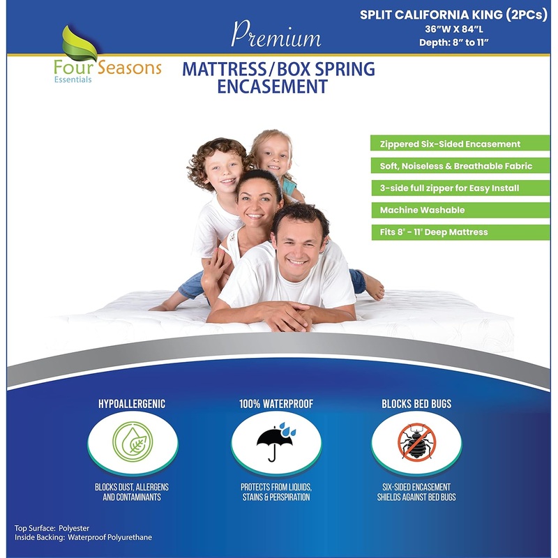 Split California King (2PC) Mattress or Box Spring Encasement (8-11 Depth) Waterproof Zippered Protector Hypoallergenic Premium Bedbug Cover Protects from Dust White