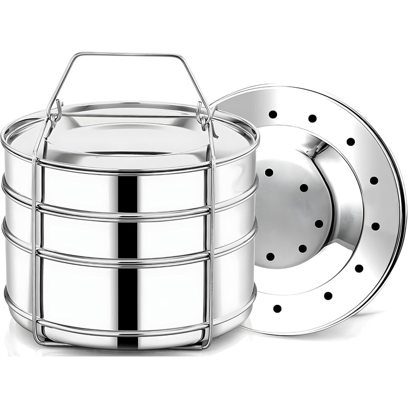 Stainless Steel 3 Tier Stackable Insert Pans, Compatible with 8 Qt Instant Pot, Pot-in-Pot, Baking Pans for Flan, Layer Cake