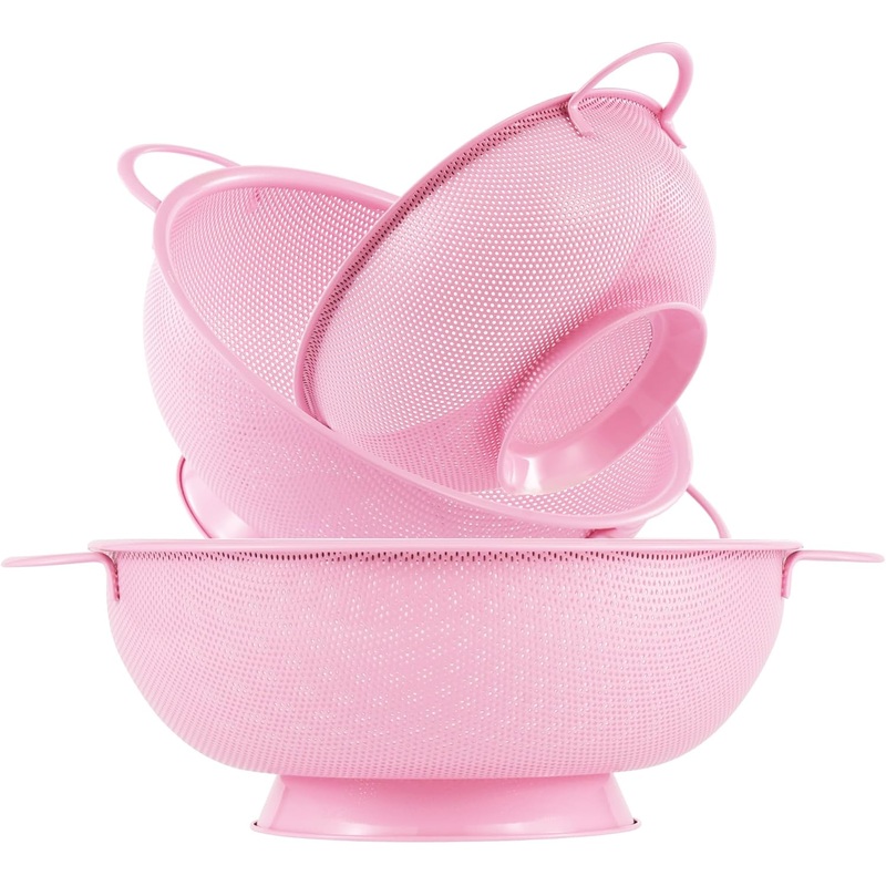 Stainless Steel Colander 3 Piece,Metal Strainer Basket with Solid Base and Handles for Kitchen Food,Pasta, Noodles, Vegetables and Fruits,Powder Coated,BPA Free,Dishwasher Safe,2 & 3 & 4.5 Qt (Pink)