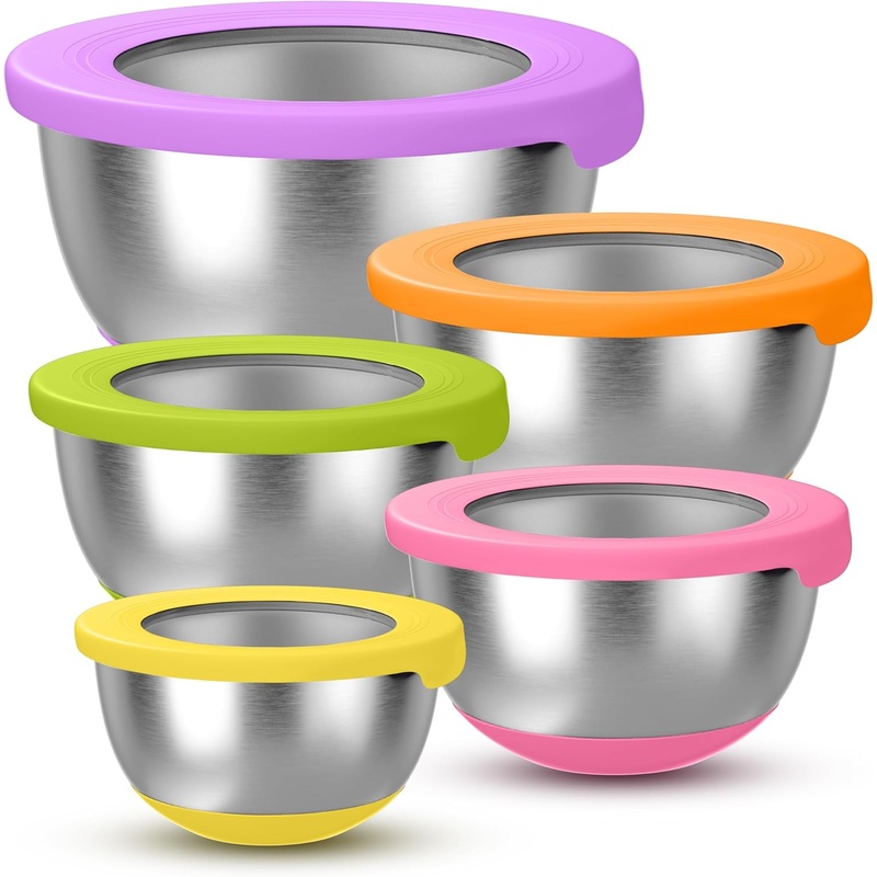 Stainless Steel Mixing Bowls with Airtight Lids Set of 5, Nesting Mixing Bowls for Kitchen, Dishwasher Safe, Non-Slip, Multi-Purpose for Cooking, Baking, Prepping & Food Storage, Multicolor