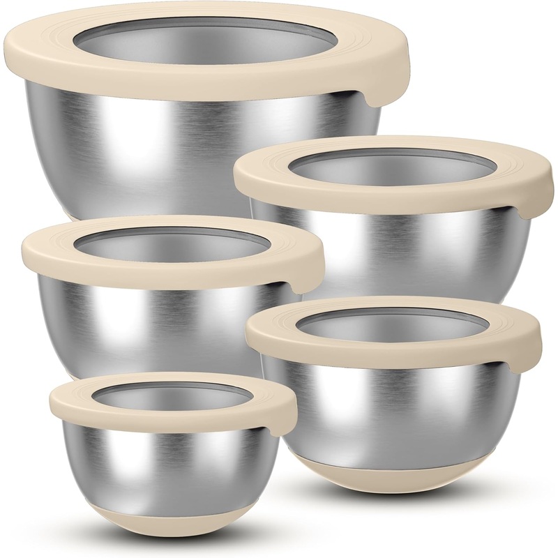 Stainless Steel Mixing Bowls with Airtight Lids Set of 5, Nesting Mixing Bowls for Kitchen, Khaki, Dishwasher Safe, Non-Slip, Multi-Purpose for Cooking, Baking, Prepping & Food Storage