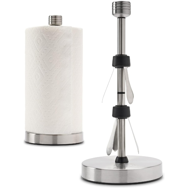 Stainless Steel Paper Towel Holder Stand Designed for Easy One- Handed Operation  This Sturdy Weighted Paper Towel Holder Countertop Model Has Suction Cups and Holds All Paper Towel Rolls