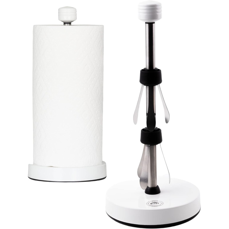 Stainless Steel White Paper Towel Holder Designed for Easy One-Handed Operation  This Sturdy Weighted Paper Towel Dispenser Countertop Model Has Suction Cups and Holds All Paper Towel Rolls