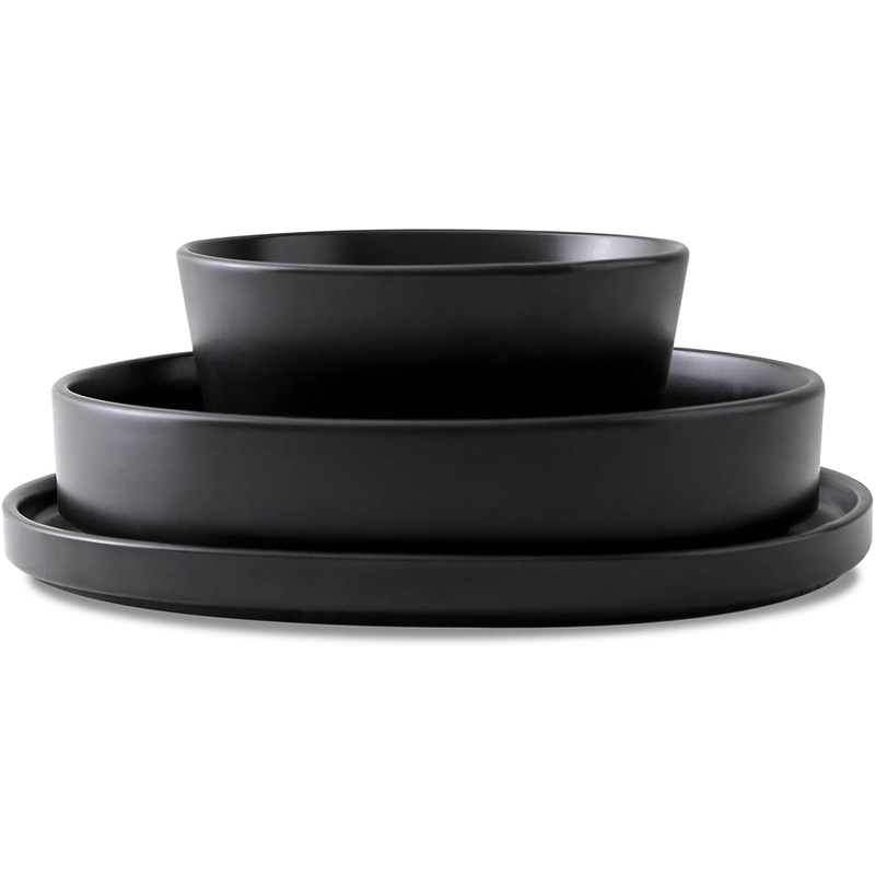 Stone Lain Celina Stoneware 12-Piece Dinnerware Set, Cereal and Pasta Bowls, Black, Coupe
