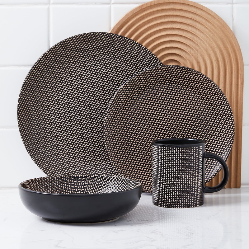 Stone Lain Daisy Stoneware Collection, Round Dinnerware Set, 32 Pieces Service for 8, Brown and Black