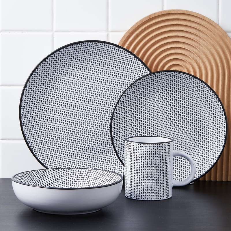 Stone Lain Daisy Stoneware Collection, Round Dinnerware Set, 32 Pieces Service for 8, White and Black
