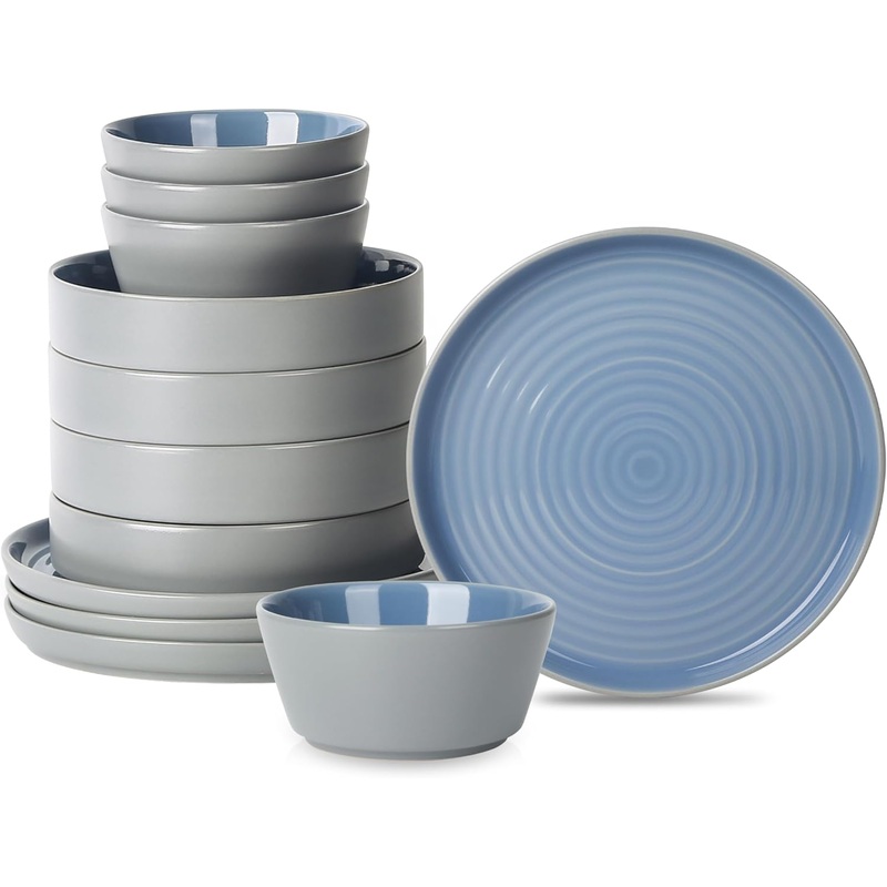 Stone Lain Elica 12-Piece Dinnerware Set Stoneware, Plates and Bowl Set, Blue and Grey