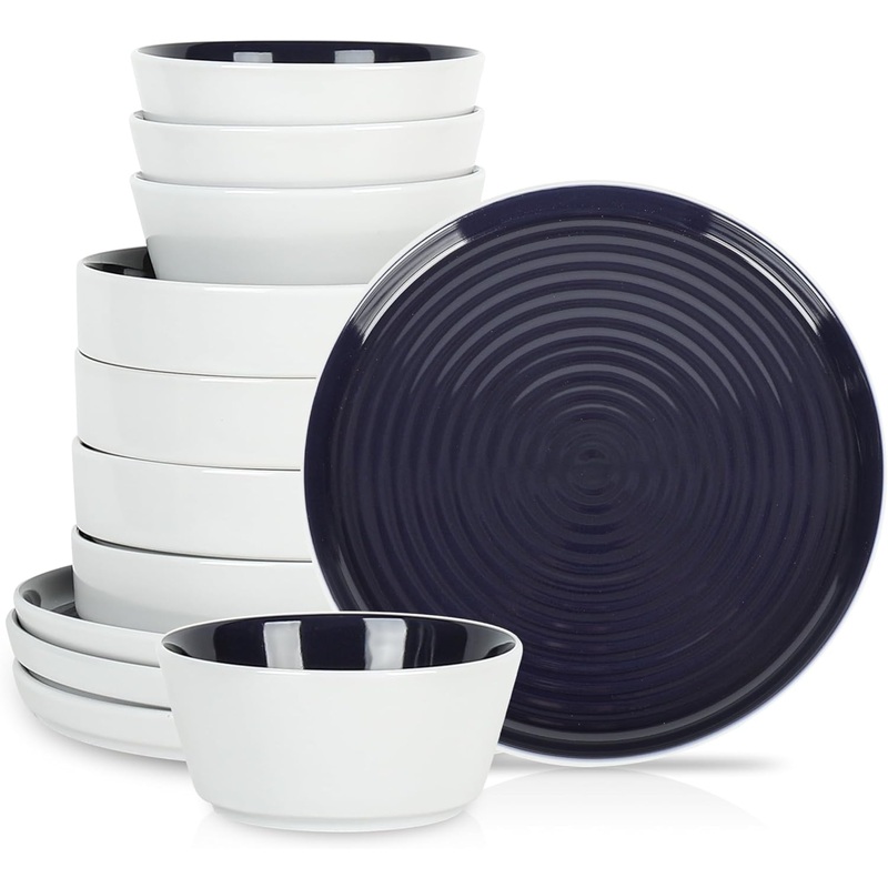 Stone Lain Elica Stoneware Dinnerware Set, Service for 4-12 Pieces, Navy and White