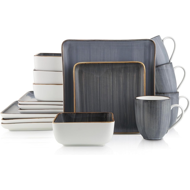 Stone Lain Esmeralda Porcelain Dinnerware Set, Service for 4, 16 Pieces Square Grey Brushed Design