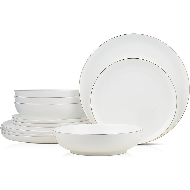 Stone Lain Gabrielle Bone China Dinnerware Set, 12-Piece Service for 4, White and Gold