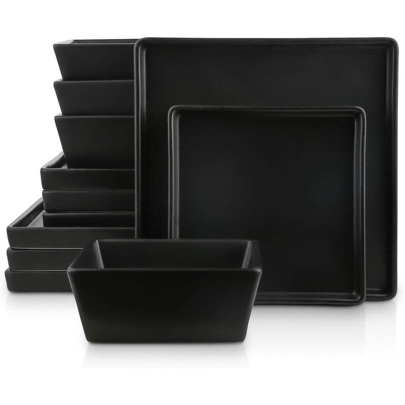 Stone Lain Grace Square Stoneware Dinnerware Set, 12 Piece Service For 4, Black