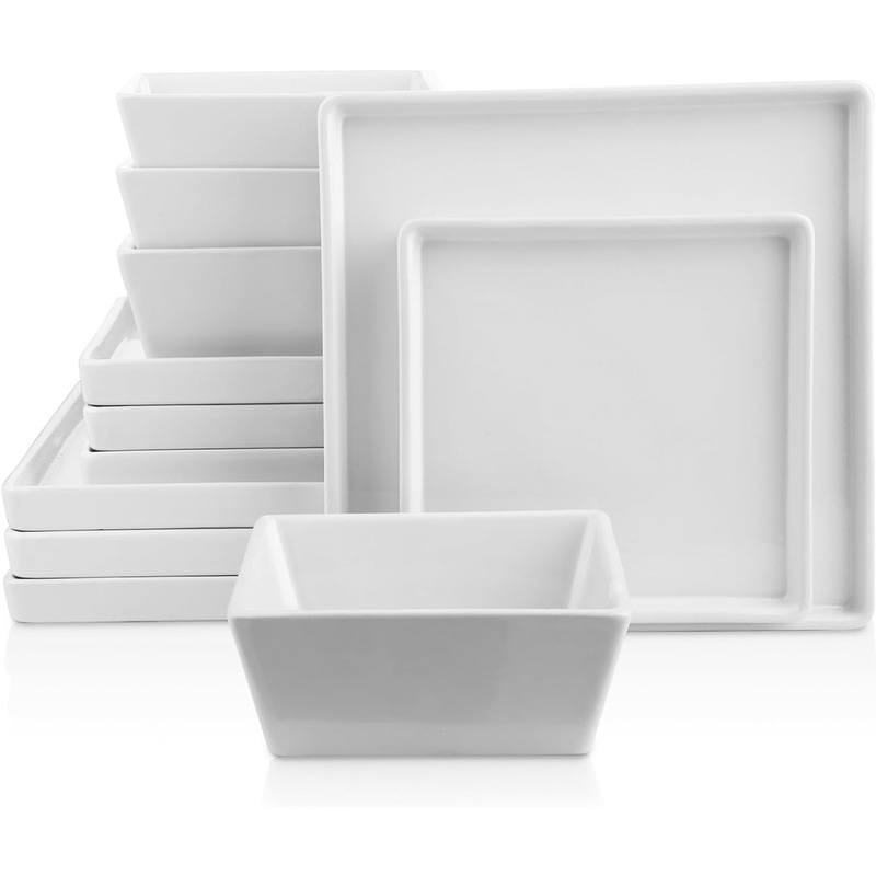 Stone Lain Grace Square Stoneware Dinnerware Set, 12 Piece Service For 4, White