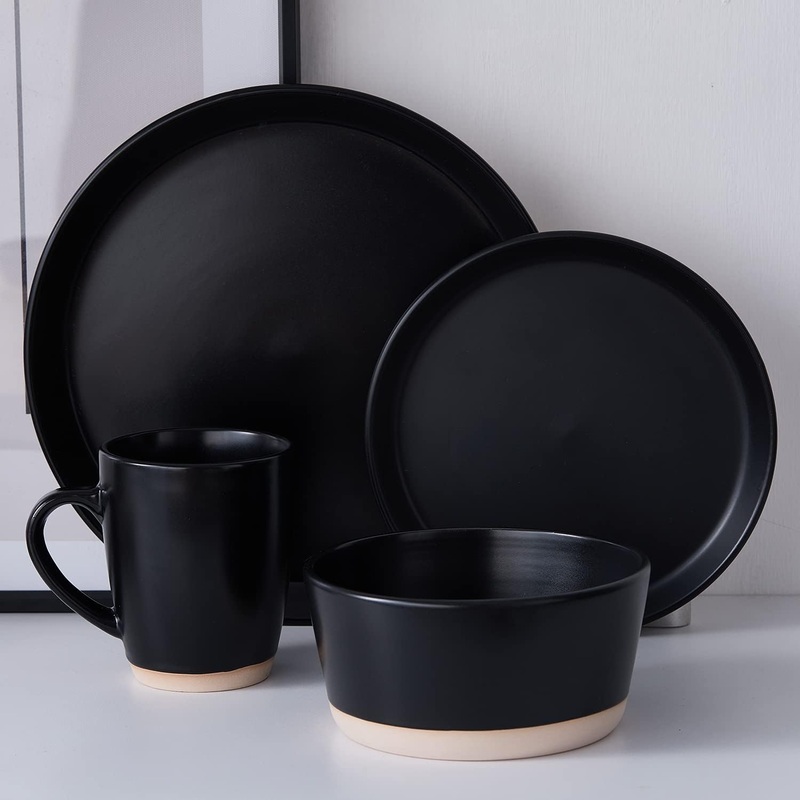 Stone Lain Jules Stoneware 16-piece Round Dinnerware Set, Black,16-Piece Service for 4