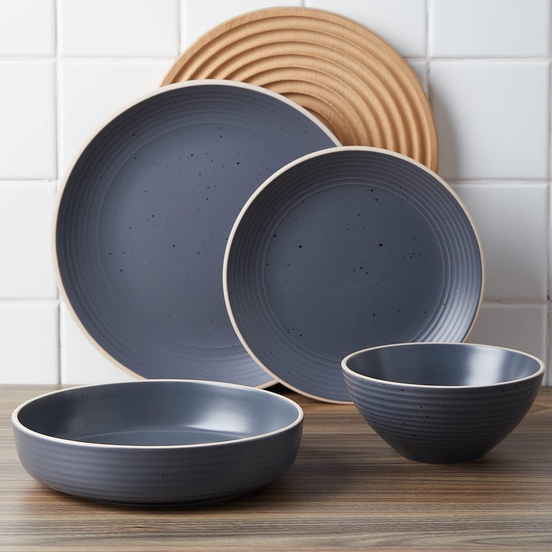 Stone Lain Lauren Stoneware Round Dinnerware Set, Charcoal, (Set of 16 Piece)