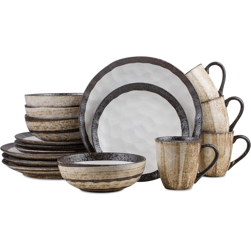 Stone Lain Lucy Porcelain 16-Piece Round Dinnerware Set, Beige