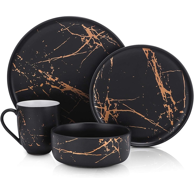 Stone Lain Modern Gold Splash Exquisite Fine China Dinnerware Set, 16 Piece  Service for 4, Black & Gold