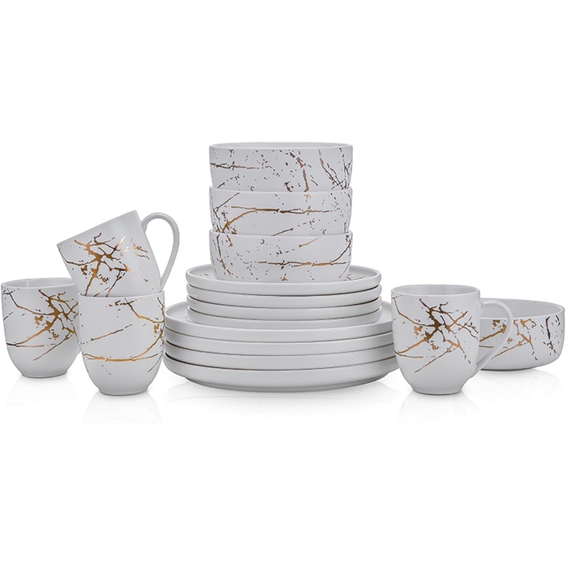 Stone Lain Modern Splash Exquisite Fine China Dinnerware Set, 16 Piece  Service for 4, White & Gold