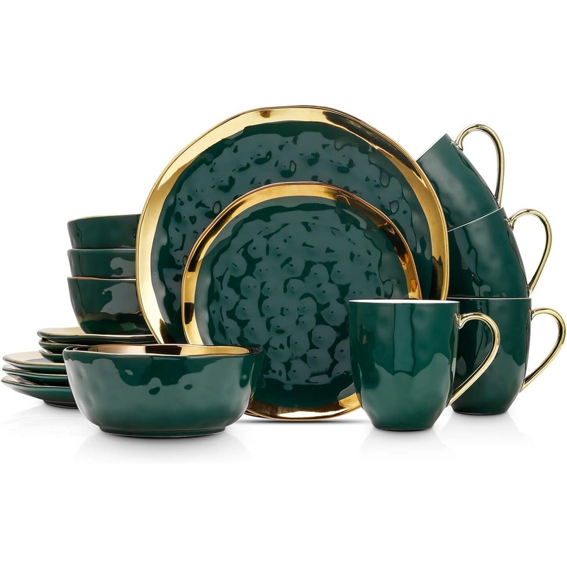 Stone Lain Porcelain 16 Piece Dinnerware Set, Service for 4, Green and Golden Rim