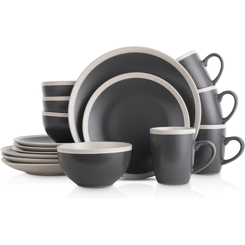 Stone Lain Serenity 16-Piece Stoneware Dinnerware, 2-Tone, Speckles, Dark Gray and Cream