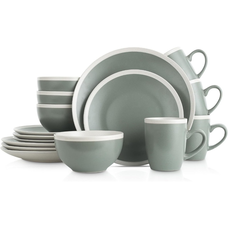 Stone Lain Serenity 16-Piece Stoneware Dinnerware, 2-Tone, Speckles, Green and Cream