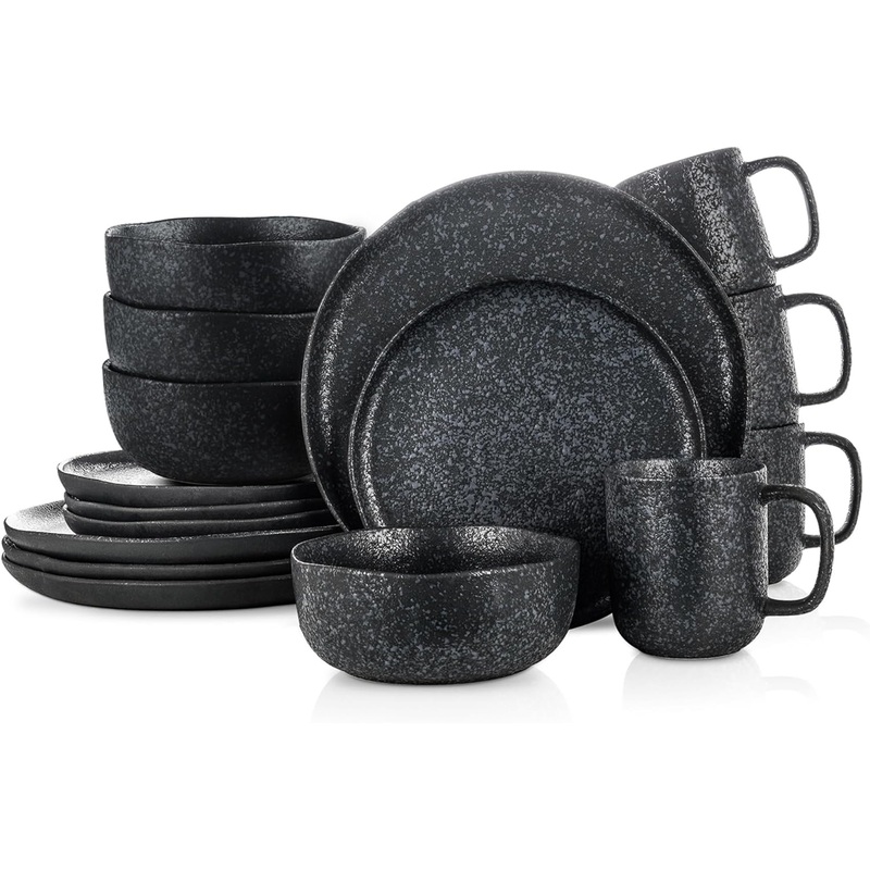 Stone Lain Tom Stoneware Reactive Glaze Dinnerware Set, 16-Piece Service for 4, Black-White