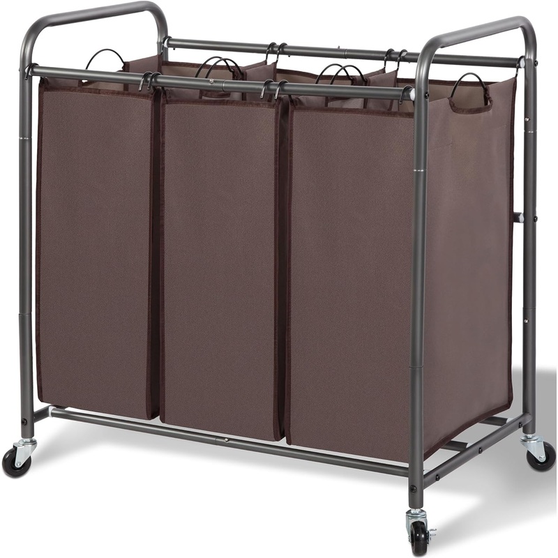 STORAGE MANIAC 3 Section Laundry Sorter, 3 Bag Laundry Hamper Cart with Heavy Duty Rolling Lockable Wheels and Removable Bags, Laundry Organizer Basket Clothes Separator Hamper, Lable Black