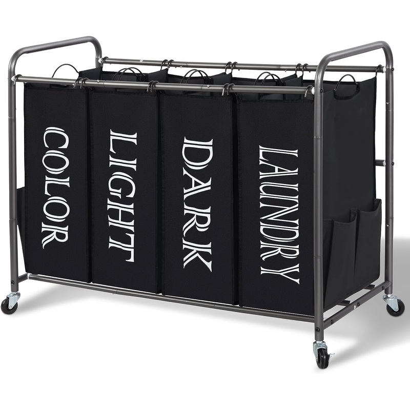 STORAGE MANIAC Laundry Sorter, Divider with Side Pockets, Multi Separator Hamper Removable Bags and Rolling Lockable Wheels, Organizer Hamper, 4 Section Black