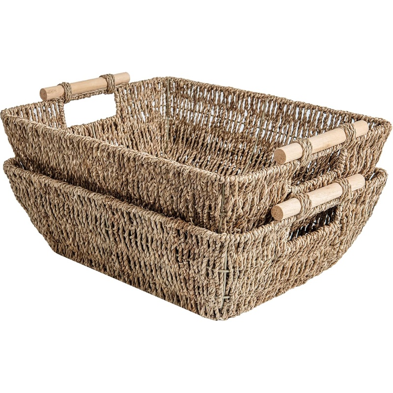 StorageWorks Hand-Woven Jumbo Storage Baskets with Wooden Handles, Seagrass Wicker Baskets for Organizing, 2-Pack