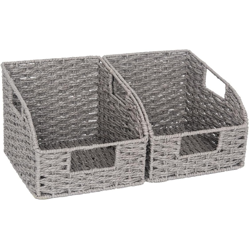 StorageWorks Pantry Storage Baskets for Organizing, Kitchen Counter Basket with Built-in Handles, Handwoven Kitchen Storage Baskets, Round Paper Rope Wicker Baskets for Pantry Storage, Gray, 2 Pack