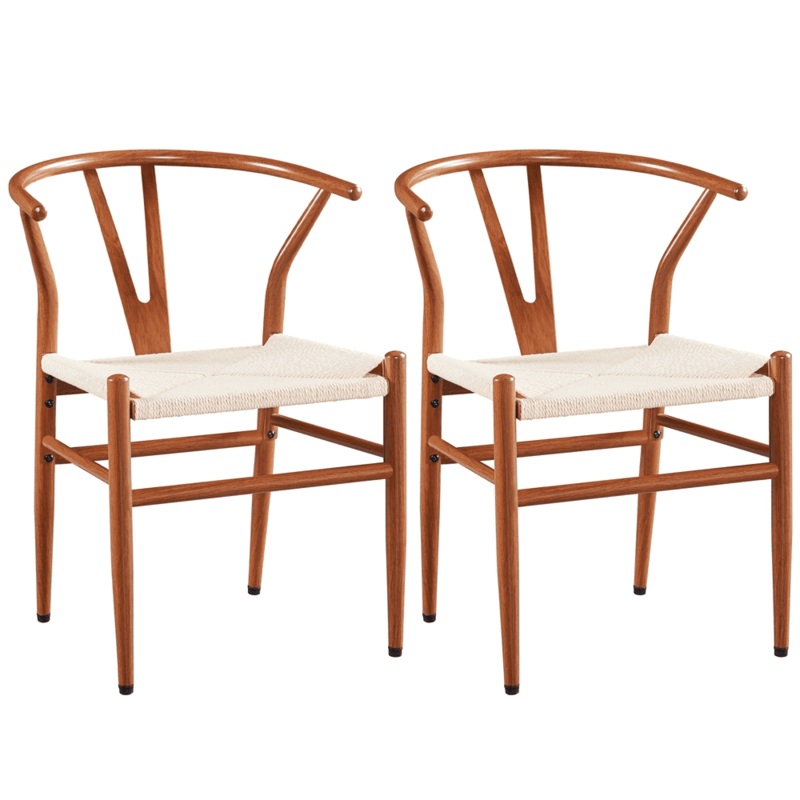 SMILE MART Mid-Century Metal Weave Dining Chair with Y-Shaped Backrest, 2PCS, Metallic Brown