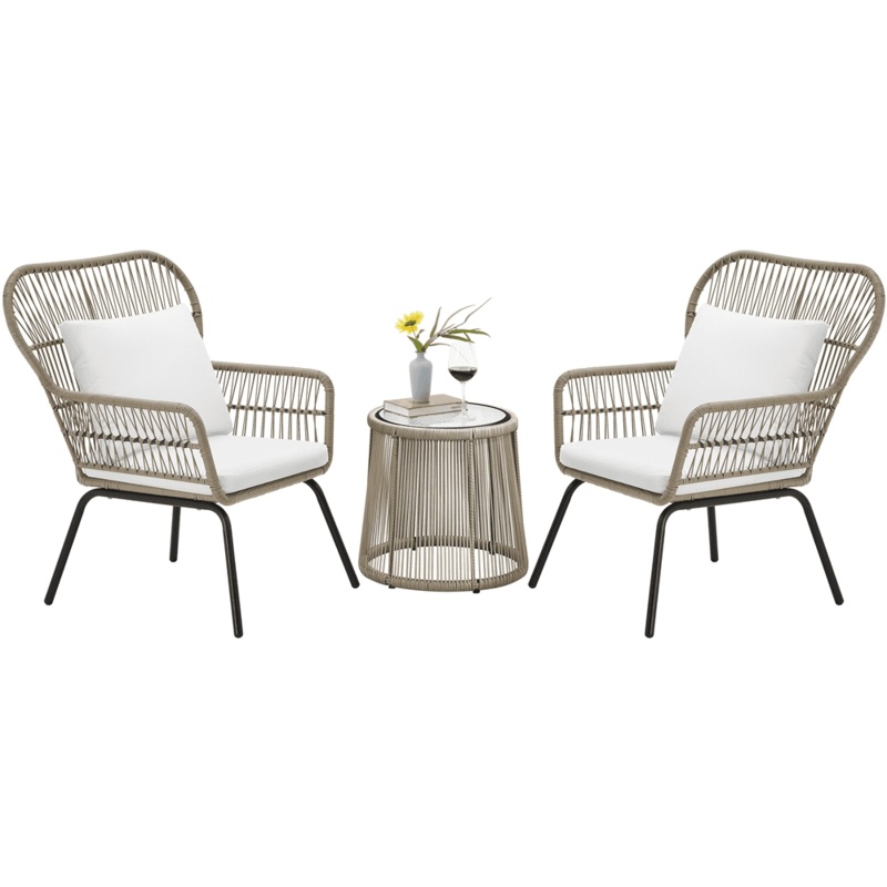 SMILE MART Outdoor 3-piece Synthetic Wicker Patio Set with Cushions, Tan