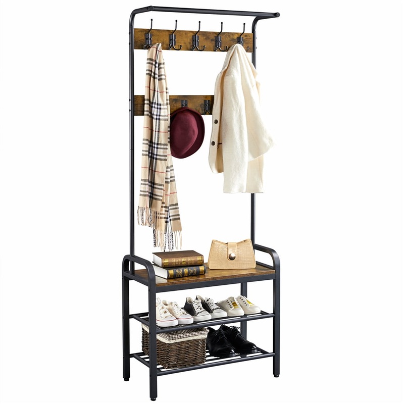 SmileMart 72 Industrial Entryway Hall Tree with Bench and Storage, Rustic Brown
