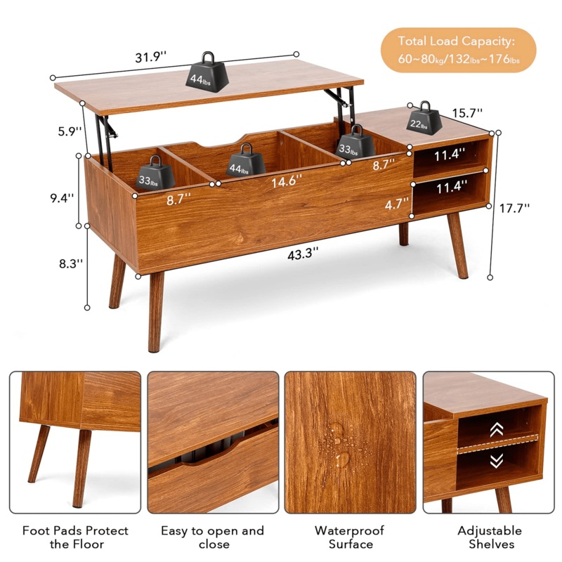 SMOOL Wooden Lift Top Coffee Table, Large Hidden Compartment Rectangular