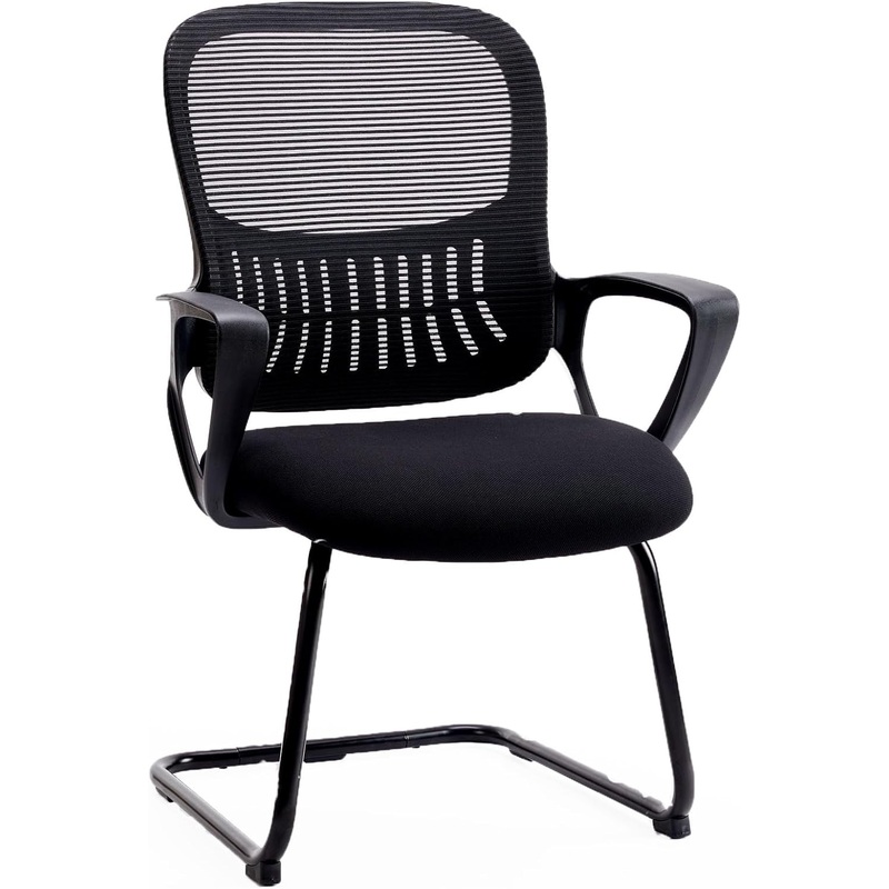 SMUG Desk Chair No Wheels, Mid Back Computer Chair Ergonomic Mesh Office Chair with Larger Seat, Executive Sled-Base Task Chair with Lumbar Support and Armrests for Women Adults, Black