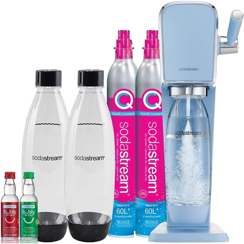 SodaStream Art Sparkling Water Maker Bundle (Misty Blue), with CO2, DWS Bottles, and Bubly Drops Flavors