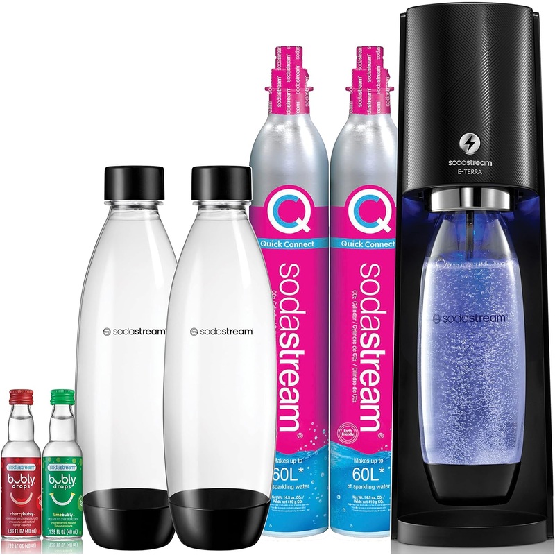 SodaStream E-TERRA Sparkling Water Maker Bundle (Black), with CO2, Carbonating Bottles, and bubly Drops Flavors