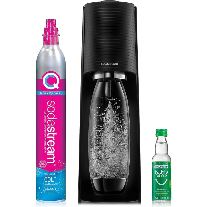 SodaStream Terra Sparkling Water Maker (Black) with CO2, DWS Bottle and Bubly Drop, Battery Powered