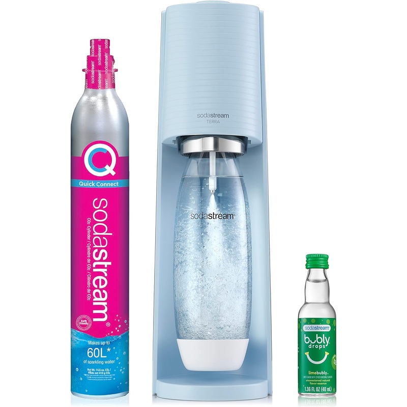 SodaStream Terra Sparkling Water Maker (Misty Blue) with CO2, DWS Bottle and Bubly Drop