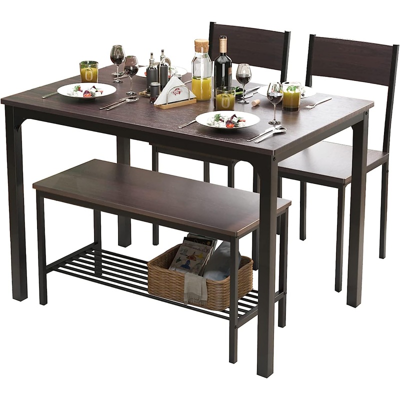 soges 4 Person Dining Table Set,43.3 inch Kitchen Table Set for 4,2 Chairs with Backrest,2-Person Bench with Storage Rack,Nesting Furniture Set for Dining Room and Restaurant, Rustic Oak